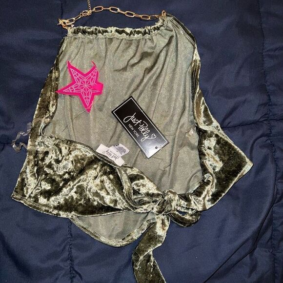 NWT Just Polly green velvet chain halter top handkerchief blouse shirt size L - Picture 3 of 5